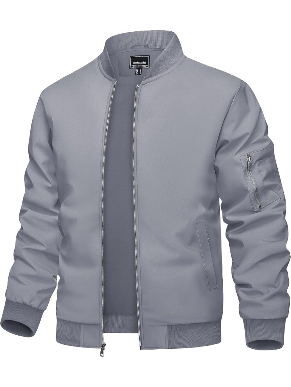 Men's Light Grey Full Zipper Stand Collar Pockets Windbreaker Bomber Jacket